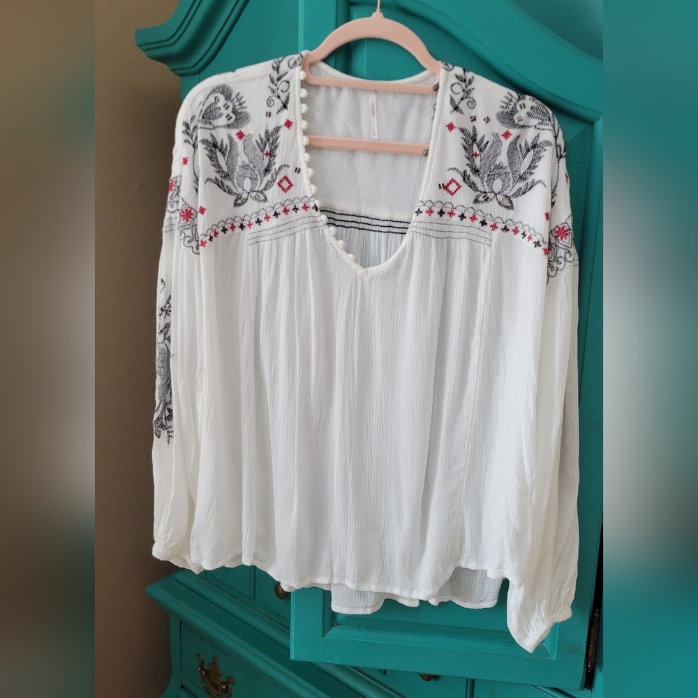 Free People White Blouse with Black and Red Embroidery -Rock It Tonight